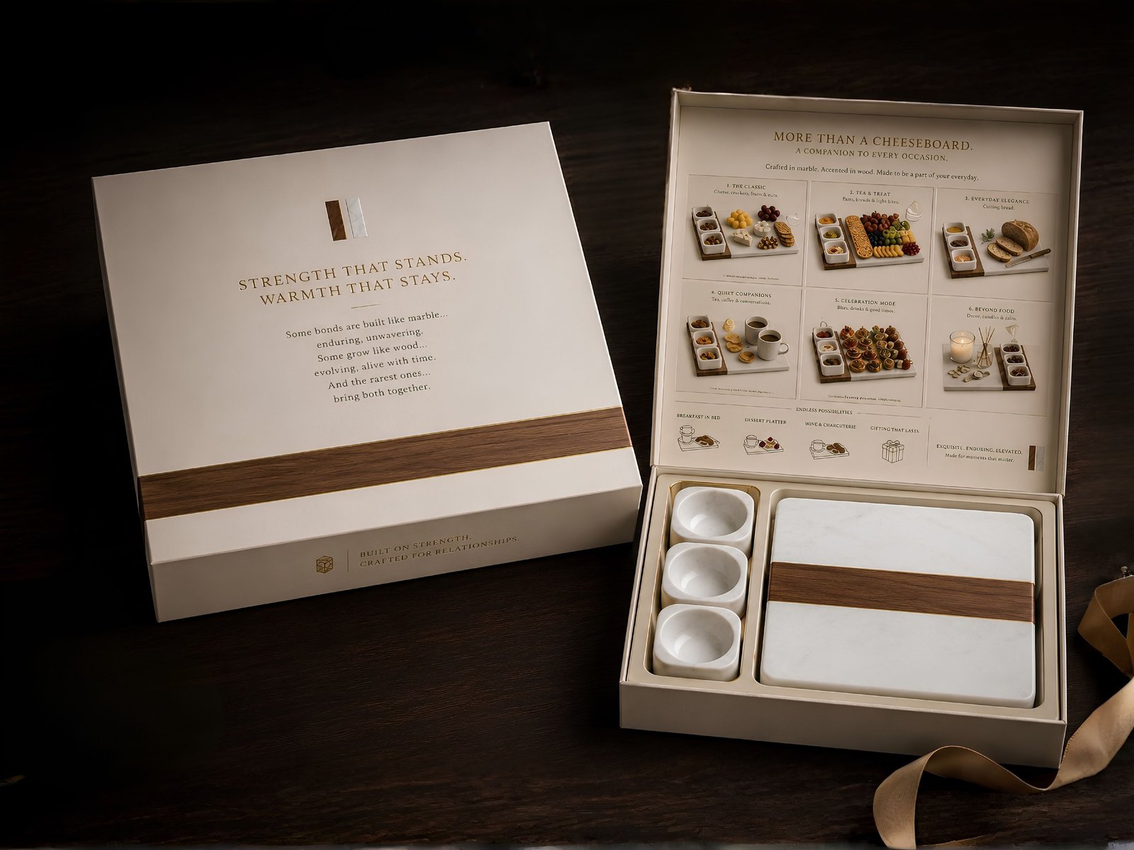 Strength That Stands — marble board, walnut inlay, and the poem inside the lid
