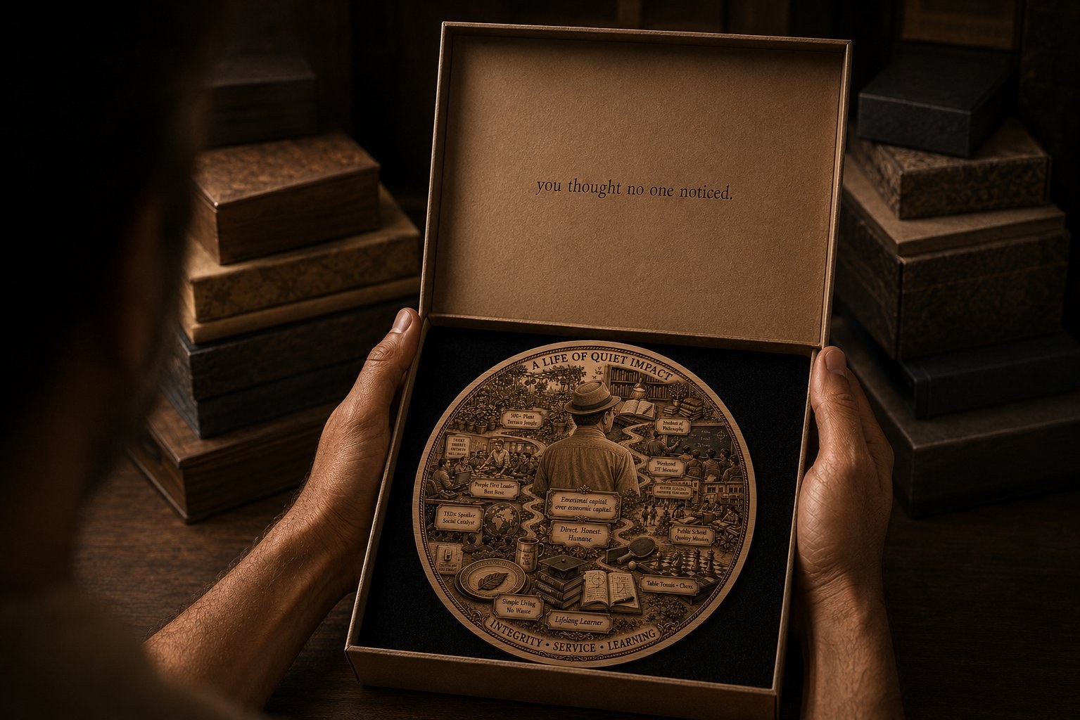 Hands opening a gift box to reveal a finely engraved medallion — a bespoke life-story artefact