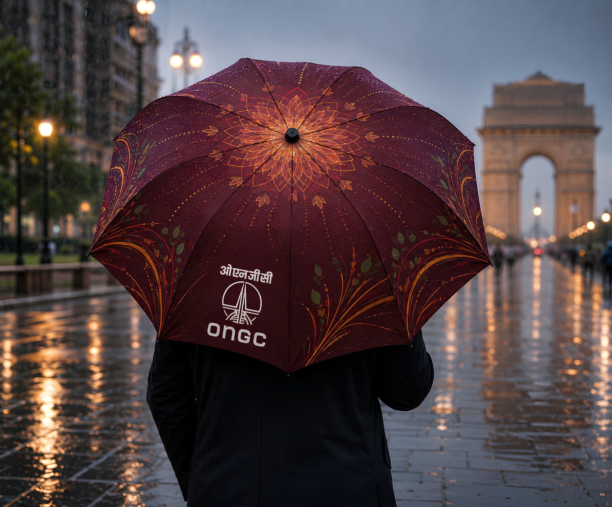 The ONGC Energy-Bloom umbrella in monsoon rain before India Gate