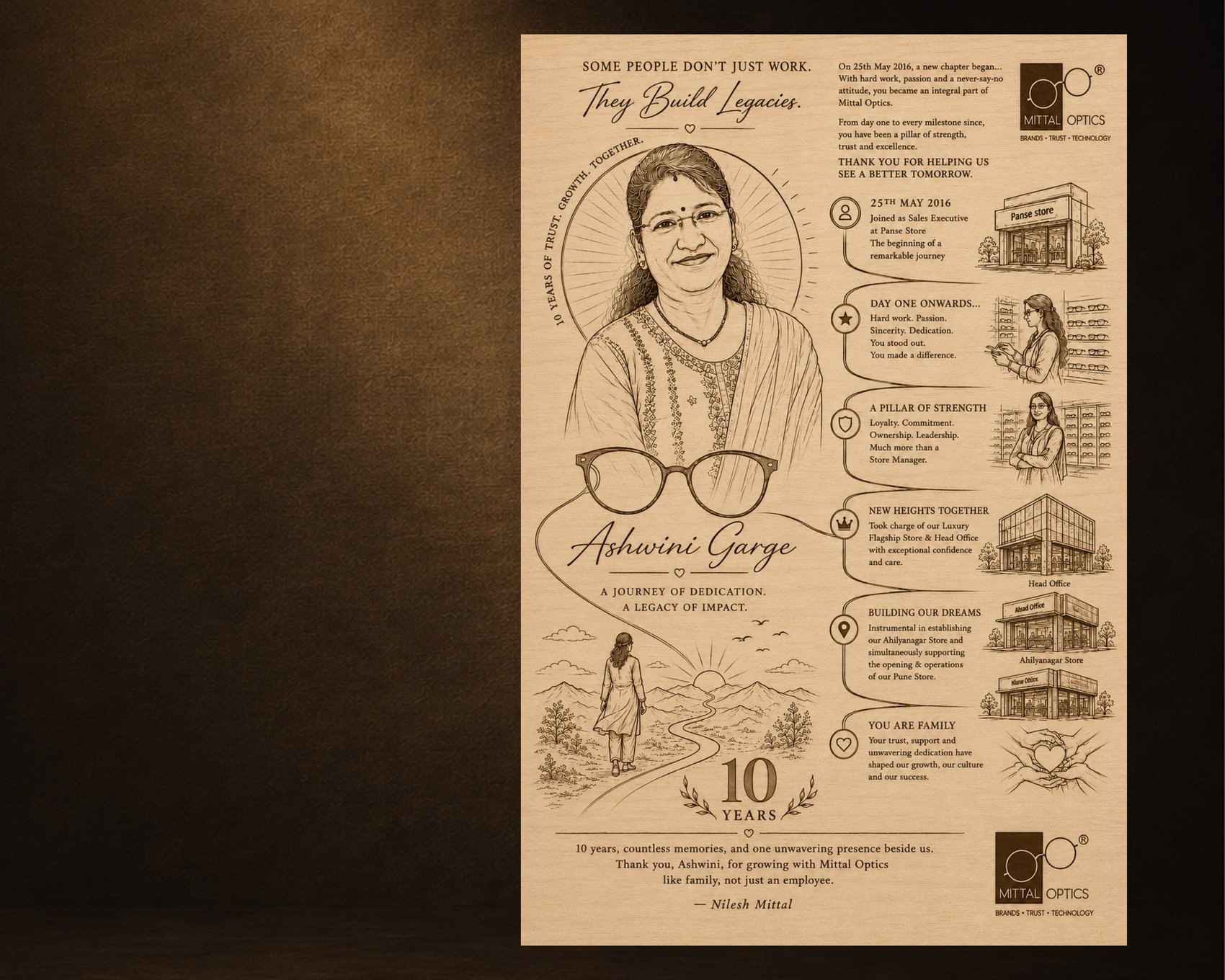 Engraved wooden tribute for Ashwini Garge — ten years at Mittal Optics, illustrated by hand