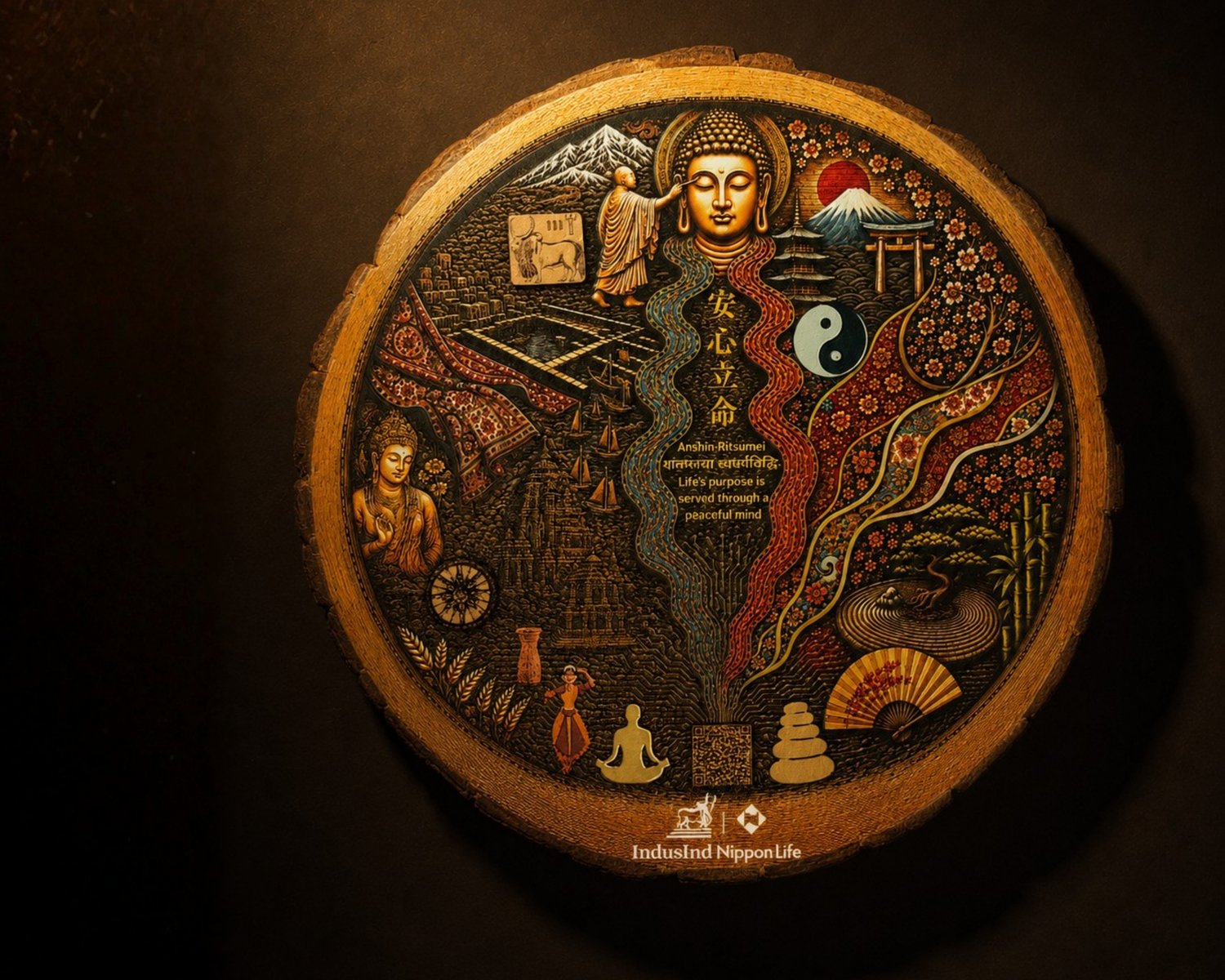 IndusInd Nippon Life founder tribute — a carved confluence of Indian and Japanese philosophy