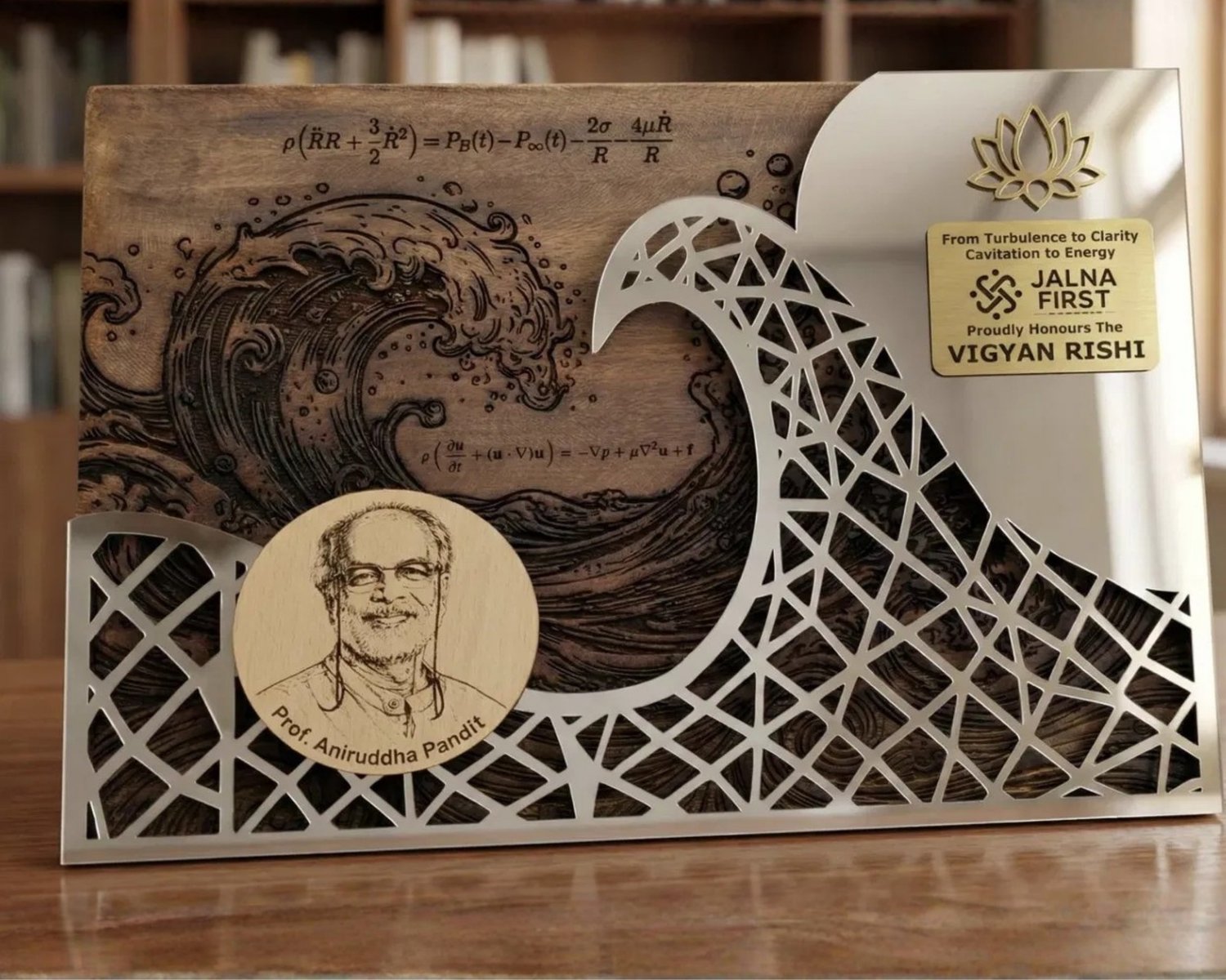 Walnut and steel wave plaque for Prof. Aniruddha Pandit, his cavitation equations engraved in the wood