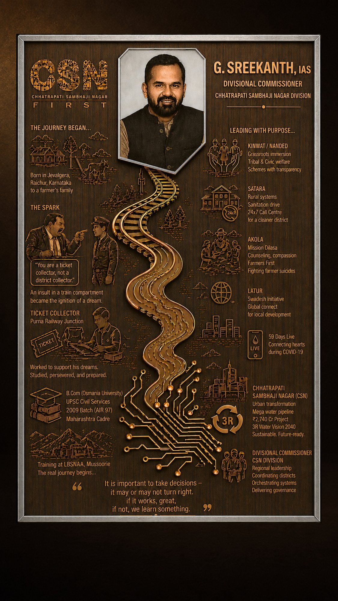 Life Story plaque for G. Sreekanth, IAS — a golden railway track winding through a carved dark-wood journey