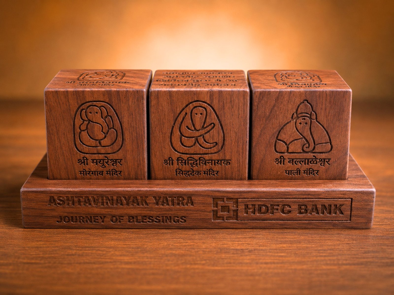 Three carved wooden Ashtavinayak cubes on an engraved HDFC Bank base