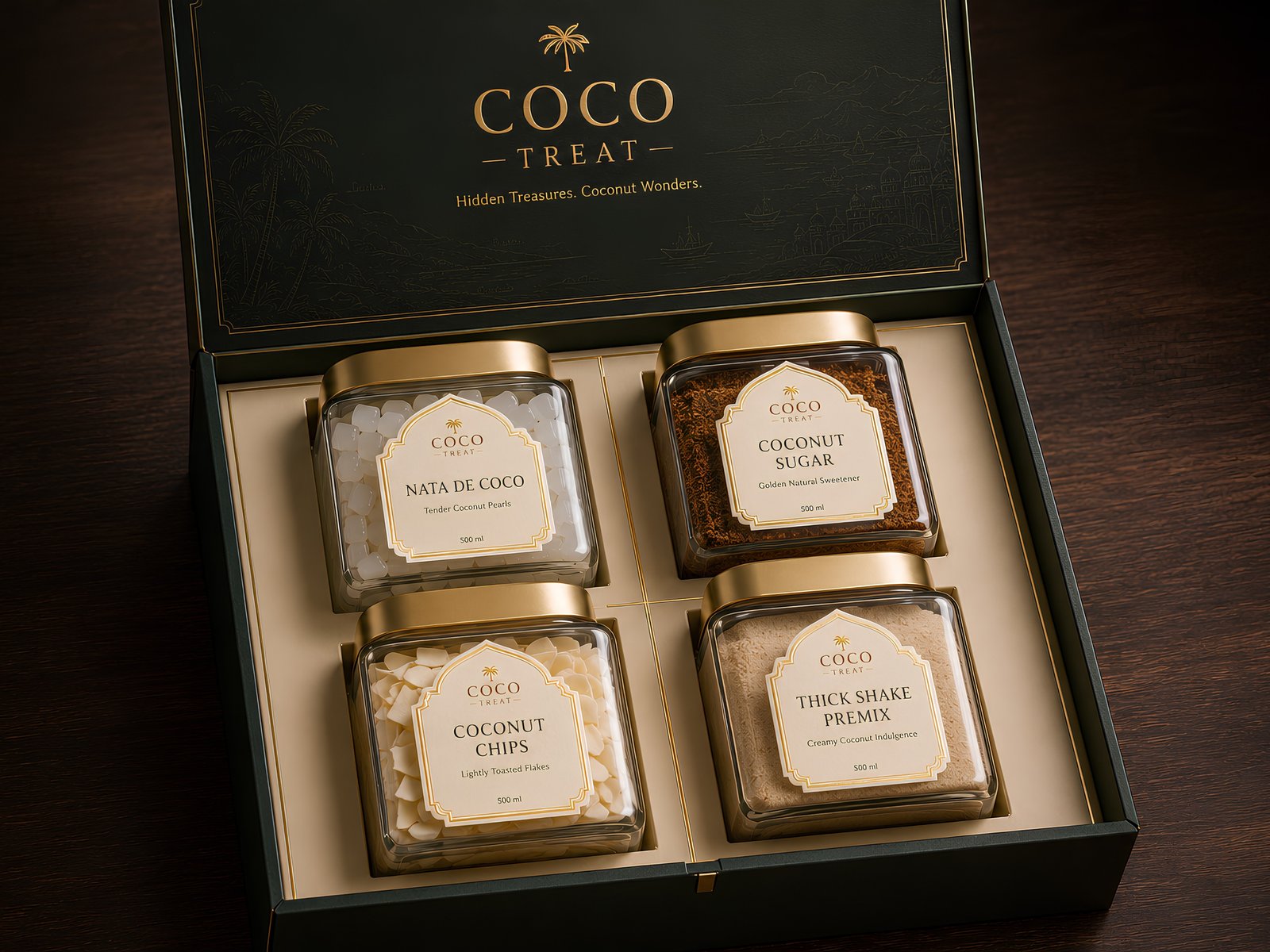 Coco Treat — deep green festive box holding four coconut delicacies in gold-lidded jars