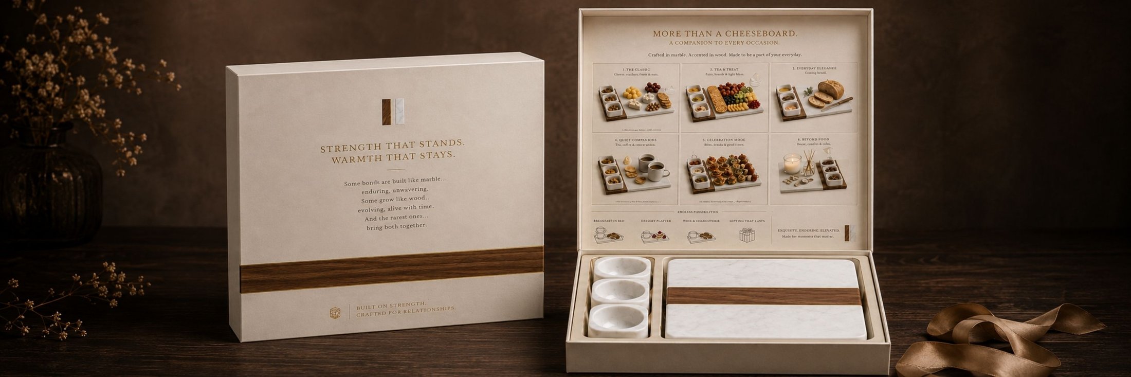 Marble and walnut cheeseboard set beside its gift box, poem on the lid